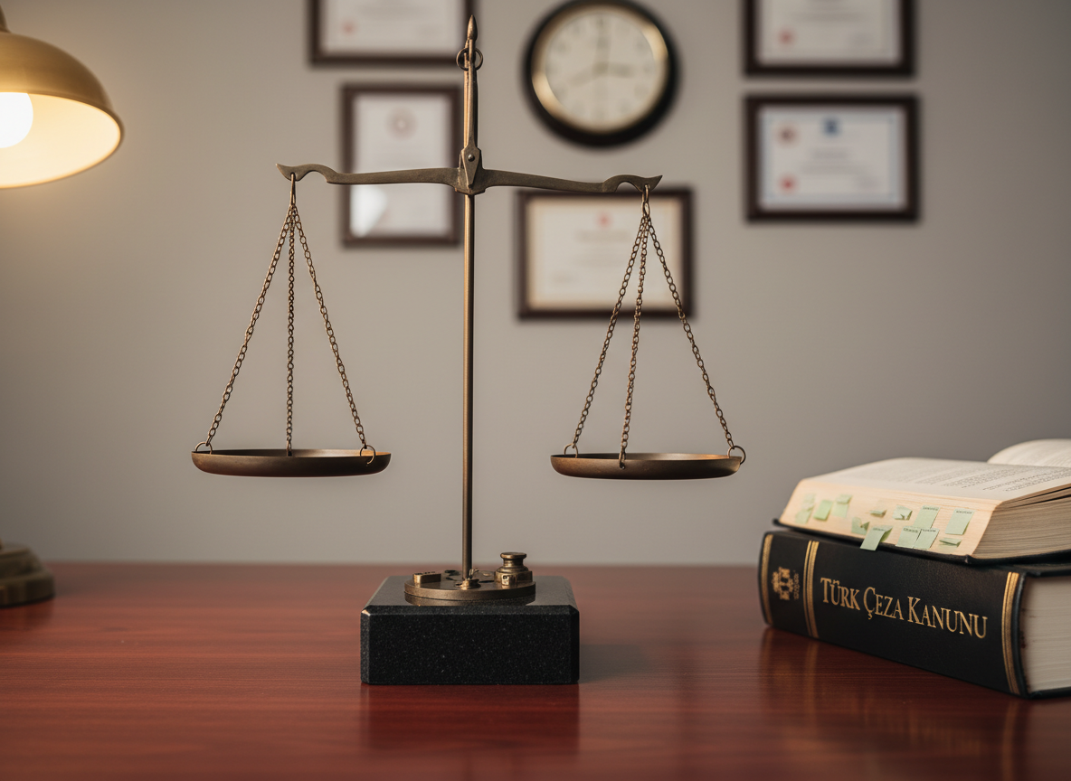 A detailed, photographic close-up of a heavy, dark bronze scale of justice, its two plates perfectly level, standing on a polished black granite base atop a deep cherry wood desk. Next to it rests a thick, tabbed volume labeled “Türk Ceza Kanunu,” its pages slightly worn at the edges from frequent reference. In the background, softly defocused, a wall-mounted clock and framed legal certificates add context to the office. Soft, warm side lighting from a desk lamp creates gentle highlights along the metallic surfaces and subtle reflections in the granite, casting controlled shadows that add depth. Shot at eye level with a shallow depth of field, the mood is steady, analytical, and resolutely professional, symbolizing balance, fairness, and expertise in criminal law.