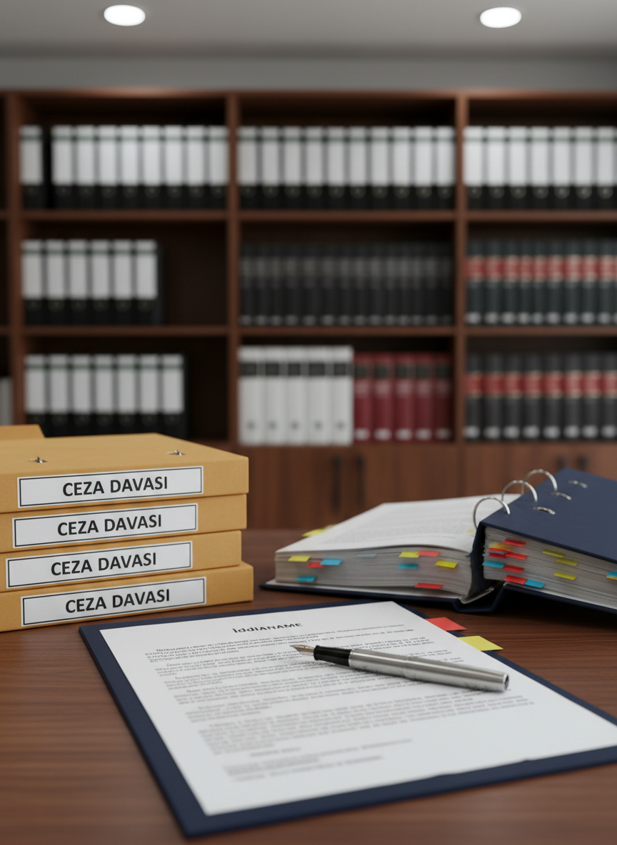 A close-up, photographic depiction of an open criminal law case file on a dark walnut desk, featuring neatly stacked folders labeled “Ceza Davası” in clear, black print. A high-quality steel fountain pen lies diagonally across a detailed indictment document, while colored adhesive tabs mark key pages in a thick legal dossier. In the background, slightly out of focus, stand shelves of organized binders and statute collections. Cool, even office lighting from above creates crisp, professional illumination with minimal shadows, emphasizing clarity and order. Shot from a slightly elevated angle with a moderate depth of field, the composition follows the rule of thirds, conveying precision, seriousness, and meticulous legal preparation in a modern, professional law office setting.