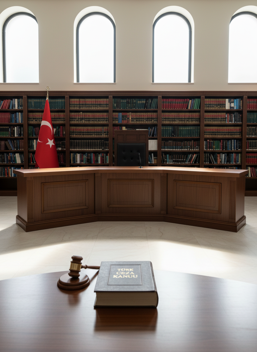 A meticulously arranged mahogany judge’s bench, its rich, dark wood surface polished to a subtle sheen, dominates a dignified courtroom interior. In the center rests a perfectly balanced wooden gavel beside a thick, leather-bound criminal code book embossed with gold lettering in Turkish. Behind, tall shelves of neatly organized law books line the wall, and the Turkish flag hangs in crisp fabric folds. Soft, diffused daylight filters through high windows, creating gentle highlights on the bench and casting orderly shadows. Photographic realism at eye level, with a slight wide-angle lens capturing the full bench and background, sharp focus throughout. The mood is solemn, professional, and authoritative, reflecting the gravity of criminal law proceedings in a clean, modern aesthetic.
