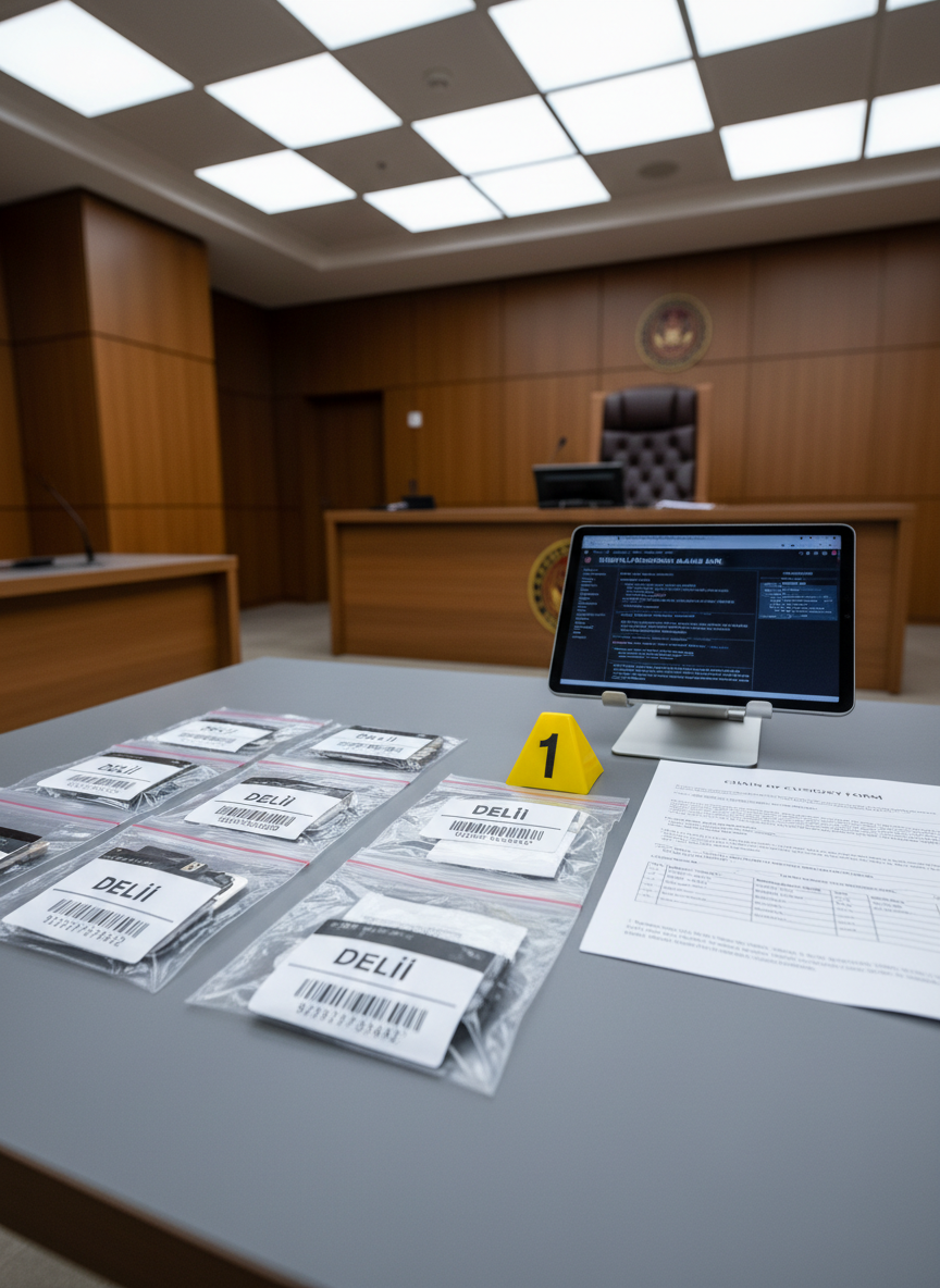 An orderly evidence presentation table in a modern courtroom, its matte grey surface carefully arranged with sealed transparent evidence bags, labeled “Delil” with barcodes, beside a numbered evidence marker and a printed chain-of-custody form. A digital forensic report is visible on a thin, tablet-style display resting in a sleek stand. Overhead, cool, diffused LED lighting bathes the scene in even, clinical brightness, enhancing every printed detail and plastic texture. Background elements, softly blurred, hint at wood-paneled walls and a distant judge’s bench. Photographic realism from a slightly low angle, emphasizing the evidence layout, with shallow depth of field highlighting the closest tags and documents. The atmosphere is meticulous, objective, and procedural, underscoring the technical rigor of criminal trials and evidence evaluation.