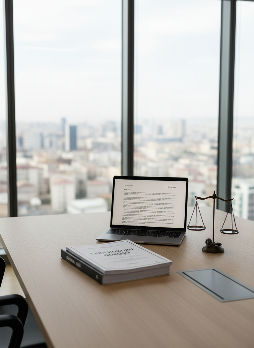 A pristine, minimalist meeting table in a contemporary law office, crafted from smooth, light oak with an understated matte finish. At its center lies a neatly arranged set of documents titled “Ceza Hukuku Görüşü,” next to a slim, brushed-metal laptop displaying a structured legal brief on its screen. A small, discreet scale of justice sculpture in dark bronze adds symbolic weight. Floor-to-ceiling windows in the background reveal a blurred cityscape of Ankara, with soft natural daylight providing balanced, neutral illumination. Photographic realism, captured at eye level with a slight diagonal composition, sharp focus on the documents and laptop, gentle bokeh on the city beyond. The mood is calm, focused, and highly professional, evoking trust and competence in criminal law advisory work.
