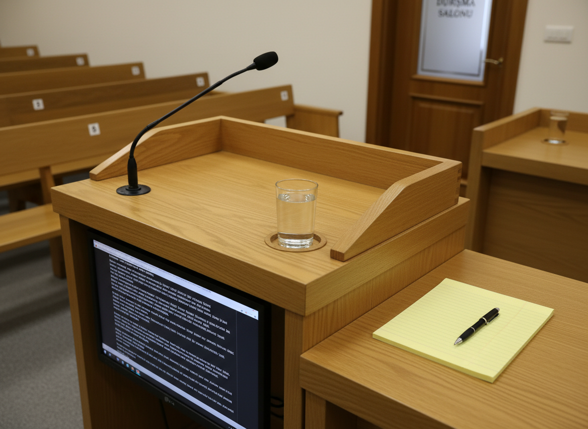 A high-resolution, photographic scene of a courtroom witness stand built from smooth, light oak, featuring a mounted gooseneck microphone and a neatly placed glass of water on a small recess. In front of the stand, a modest monitor displays a digital transcript of testimony, while a legal pad and pen rest precisely aligned on the adjacent counsel table. Neutral overhead lighting evenly illuminates the scene, with soft reflections on the wood grain and faint shadows beneath surfaces. The background reveals, in gentle blur, numbered seating rows and a partially visible door marked “Duruşma Salonu.” Captured from a diagonal, slightly elevated angle with moderate depth of field, the composition feels open yet formal, evoking the structured, serious environment of criminal hearings.